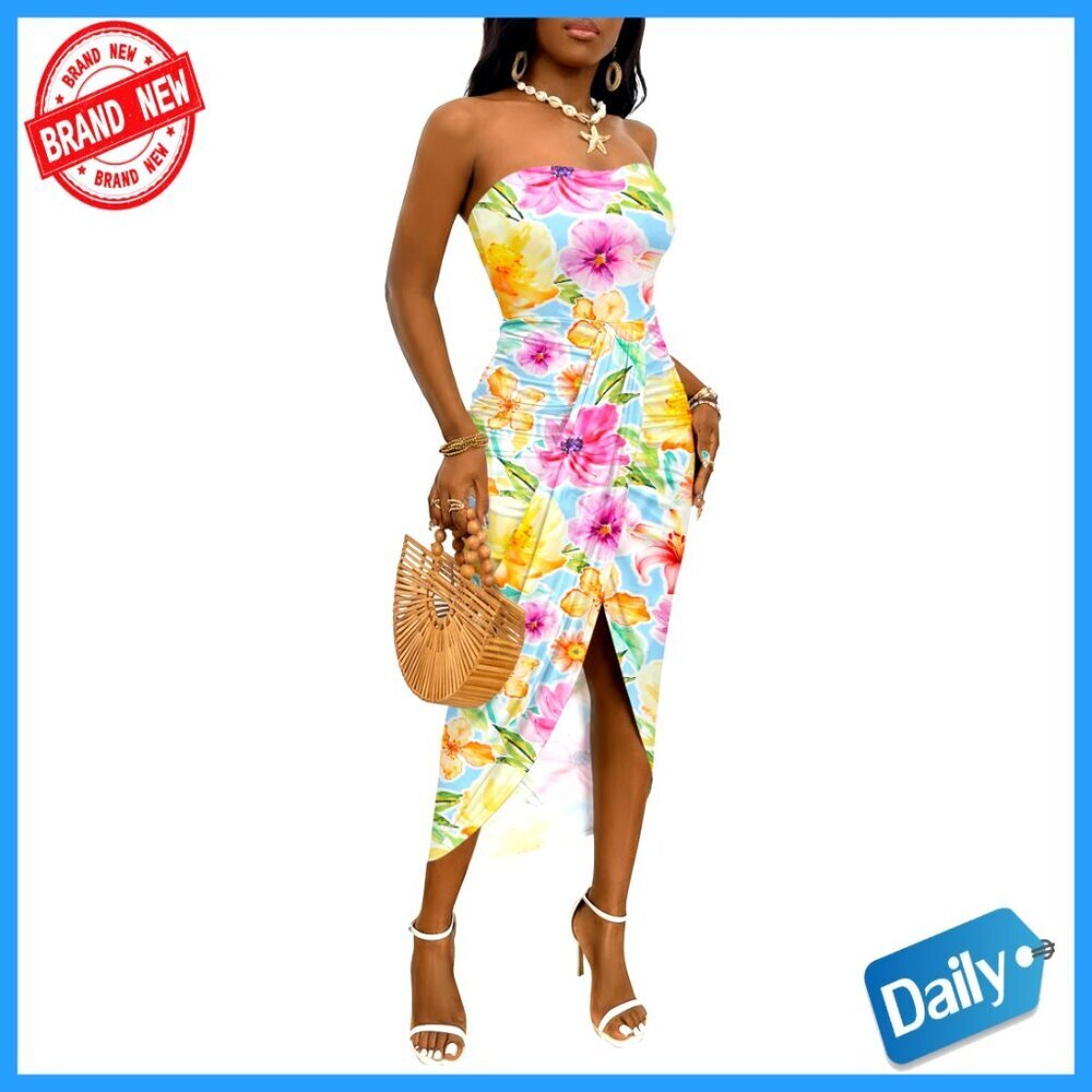 Strapless Ruched High Waist Maxi Dress with Asymmetrical Split